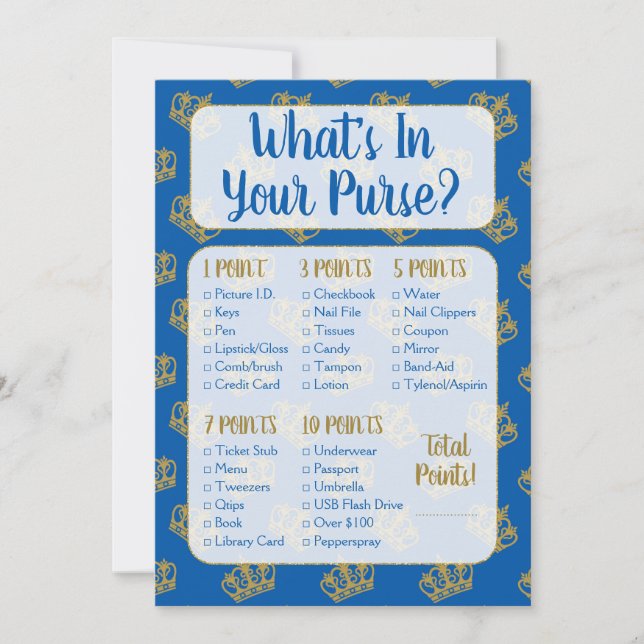 Invitation Royal Prince What's In Your Purse Baby shower Jeu (Devant)