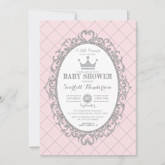 Invitation Royal Princess Baby shower en argent rose (Devant)