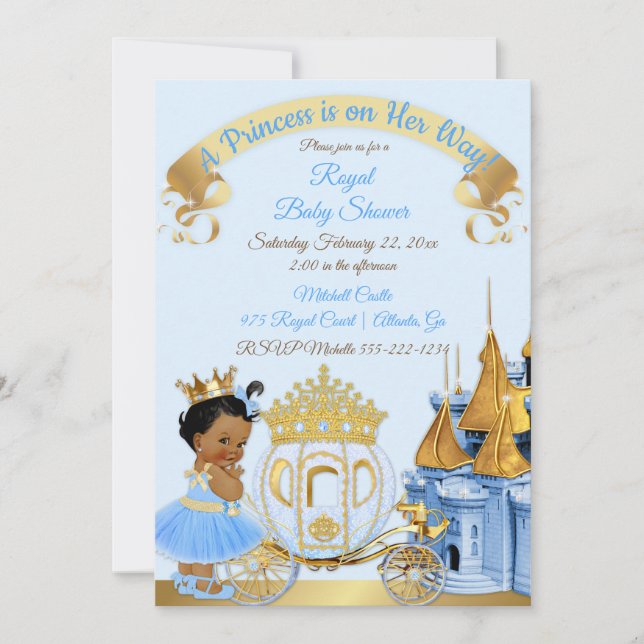 Invitation Royal Princess Castle Carriage Blue Gold Girl (Devant)
