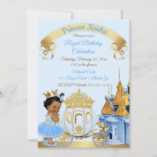 Invitation Royal Princess Castle Carriage Blue Gold Girl (Devant)