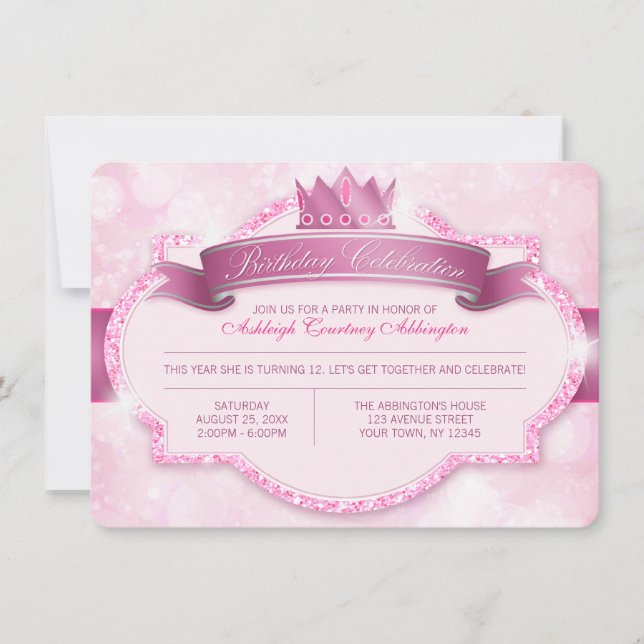 Invitation Royal Princess Rose Parties scintillant Girls Anni (Devant)