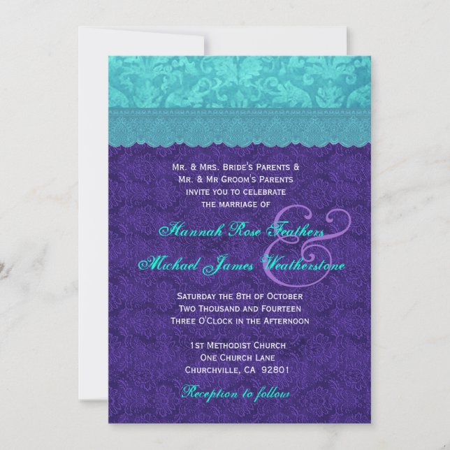 Invitation Royal Purple et Aqua Blue Mariage damassé G500A (Devant)