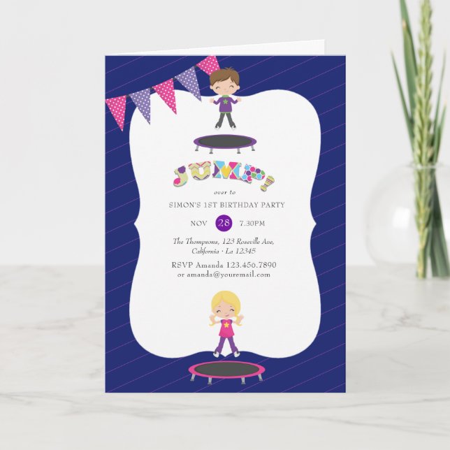 Invitation Royal Purple et Blue Trampoline fête d'anniversair (Devant)