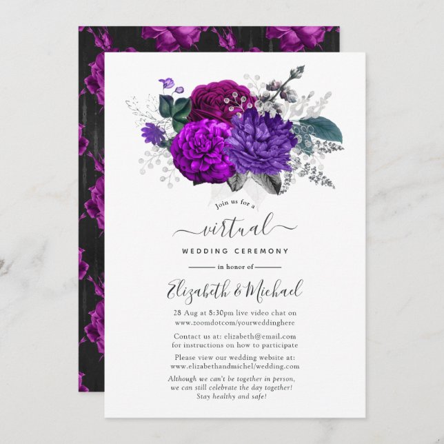 Invitation Royal Purple et Silver Floral Mariage virtuel (Devant / Derrière)
