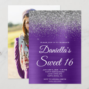 Invitation Royal Purple Glitter Argent Pailleté Photo Sweet 1