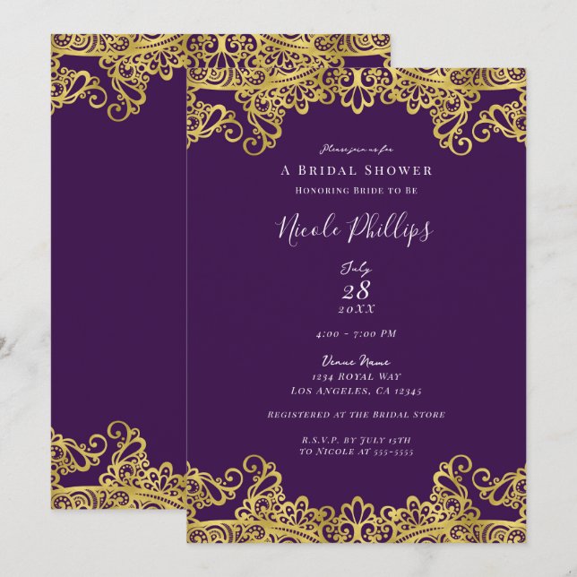Invitation Royal Purple & Gold Lace Elégante Fête des mariées (Devant / Derrière)
