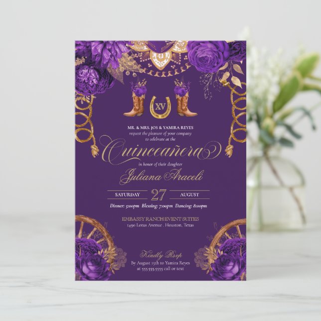 Invitation Royal Purple Gold Rose Pays Western Quinceanera (Debout devant)