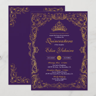 Invitation Royal Purple Regal Gold Tiara Princess Quinceanera