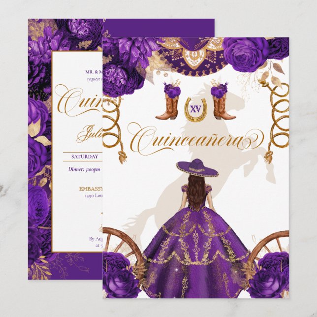 Invitation Royal Purple Western Charro Quinceanera à 2 côtés (Devant / Derrière)