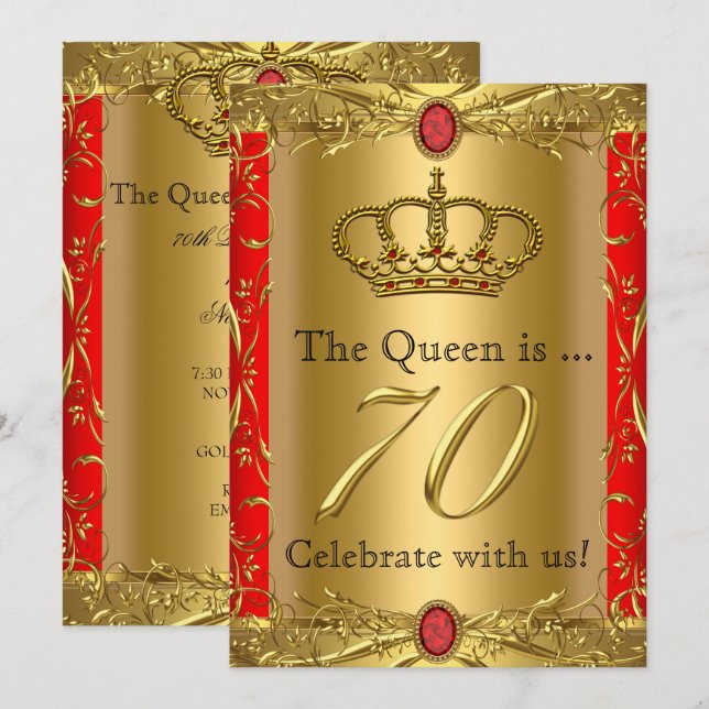 Invitation Royal Queen King Regal Red Gold 70e anniversaire (Devant / Derrière)