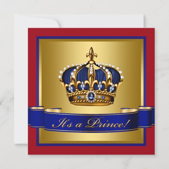 Invitation Royal Red Blue et Gold Crown Prince Baby shower (Devant)