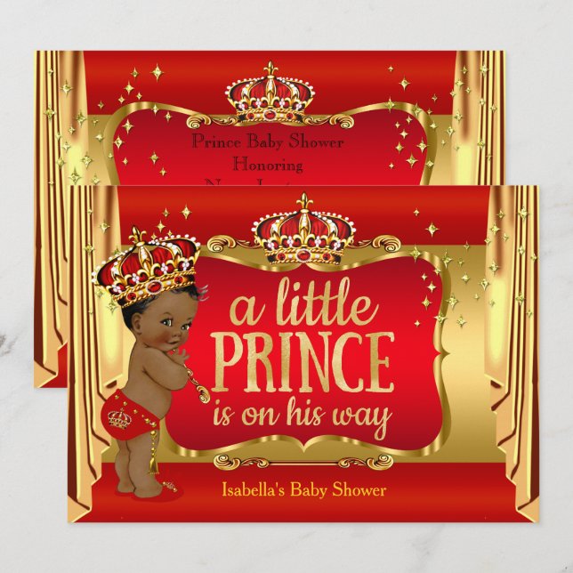 Invitation Royal Red Gold Boy Prince Baby shower ethnique (Devant / Derrière)
