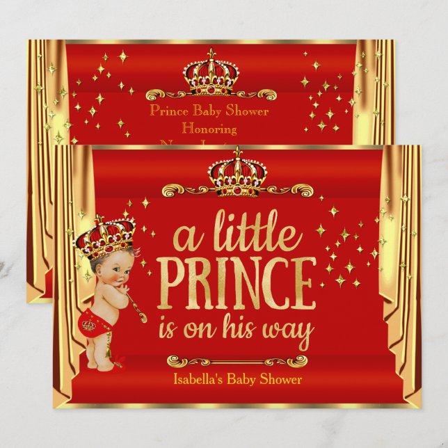 Invitation Royal Red Gold Drapes Prince Baby shower Brunette (Devant / Derrière)