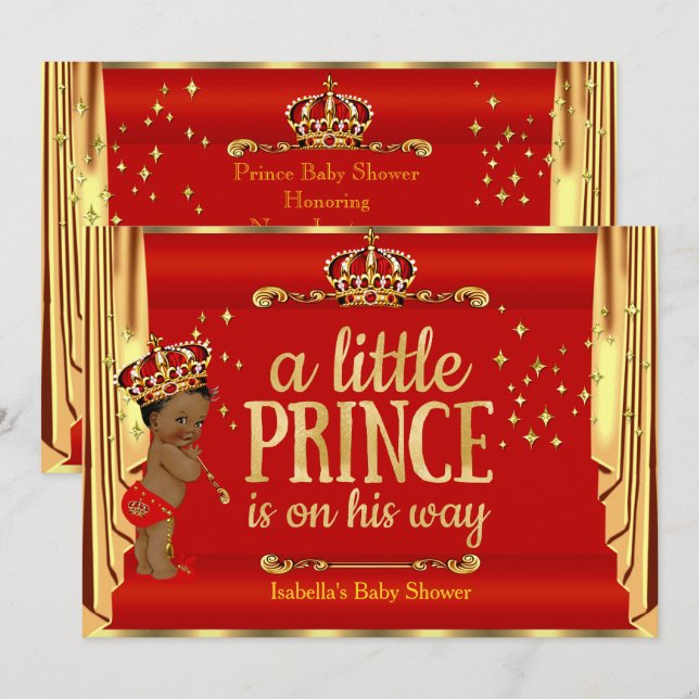 Invitation Royal Red Gold Drapes Prince Baby shower Ethnique (Devant / Derrière)