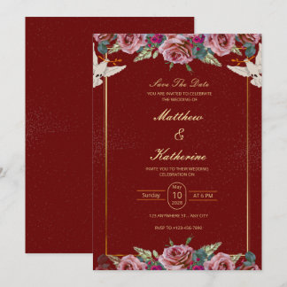 Invitation Royal Red & Gold Floral Dove Wedding Invite