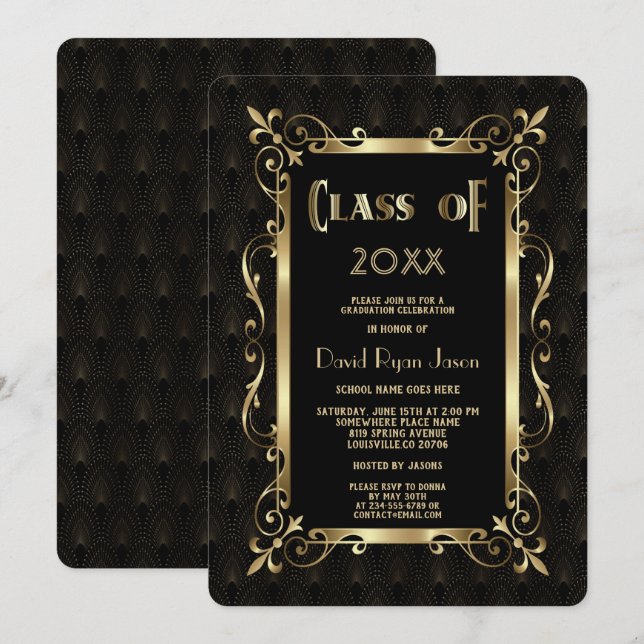 Invitation Royal Roaring 20s Gold Art Dec Graduation Party (Devant / Derrière)