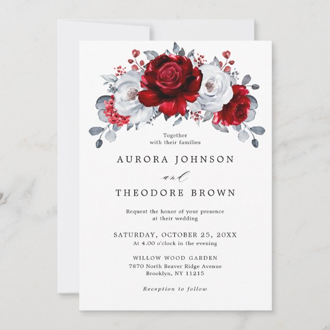 Invitation Royal Rouge Blanc argent métal Mariage floral (Devant)