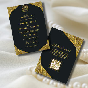 Invitation Royal Rustic Gold Elegant QR Code Mariage musulman