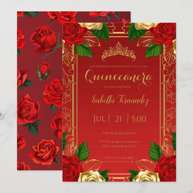 Invitation Royal Spanish Red & Gold Roses Quinceañera (Devant / Derrière)