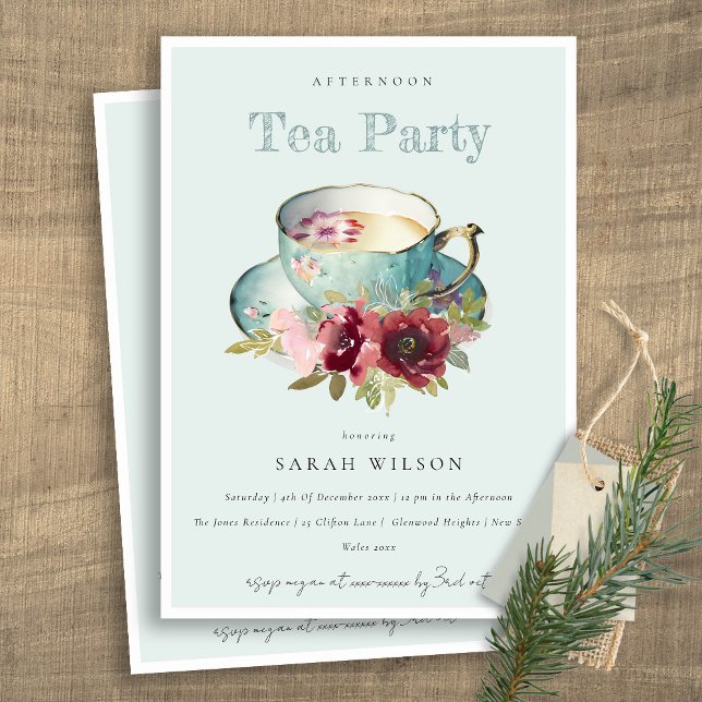 Invitation Royal Teal Gold Floral Teacup Afternoon Tea Party (Créateur téléchargé)