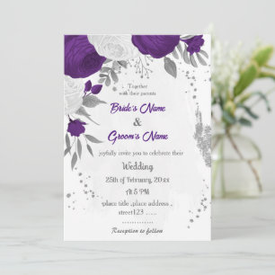 Invitation royal violet blanc fleurs argent mariage