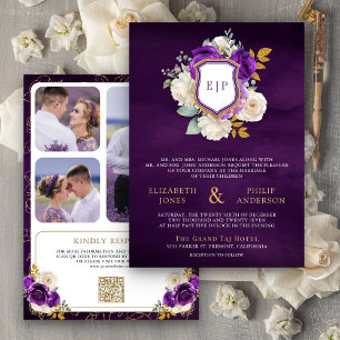 Invitation Royal Violet Floral QR Code Photo Blason Mariage