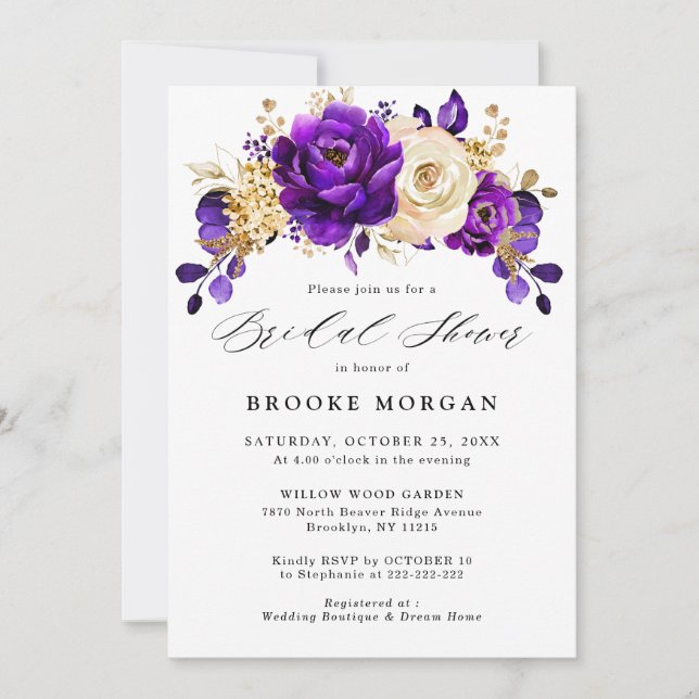 Invitation Royal Violet violet or Fête des mariées florale (Devant)