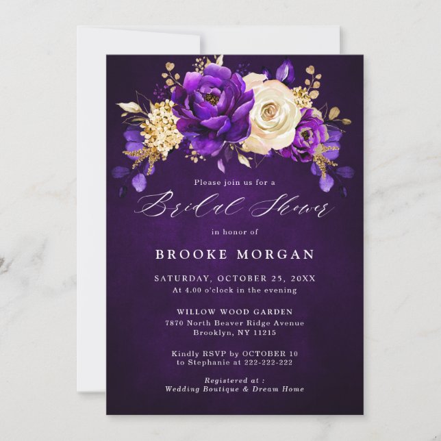 Invitation Royal violet violet or Fête des mariées florale In (Devant)