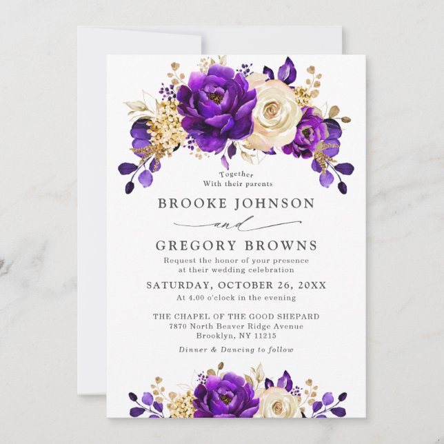 Invitation Royal violet violet or Floral Mariage botanique (Devant)