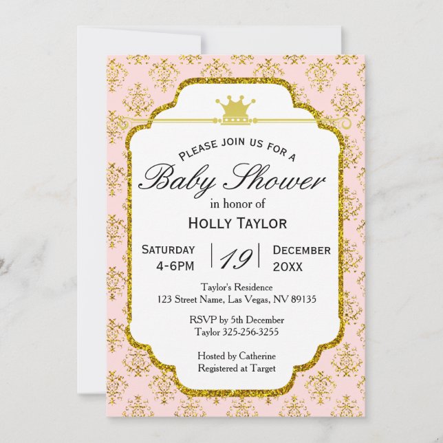 Invitation royale de princesse baby shower d'or (Devant)