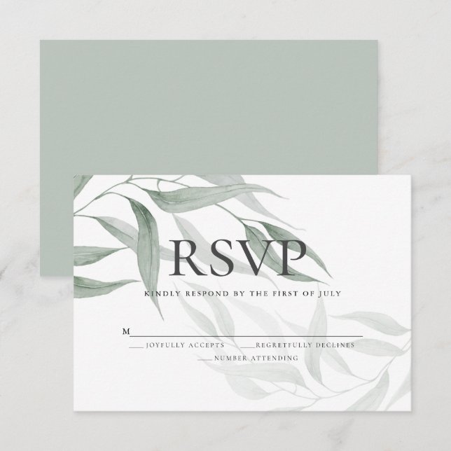 Invitation RSVP | Aquarelle verte Dusty Feuilles de bois (Devant / Derrière)