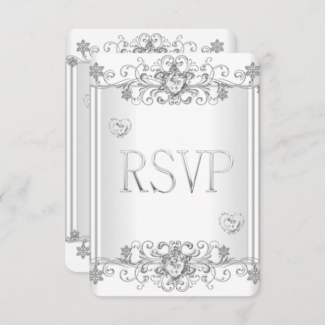 Invitation RSVP Argent Cœur de Diamant Blanc 2 (Devant / Derrière)