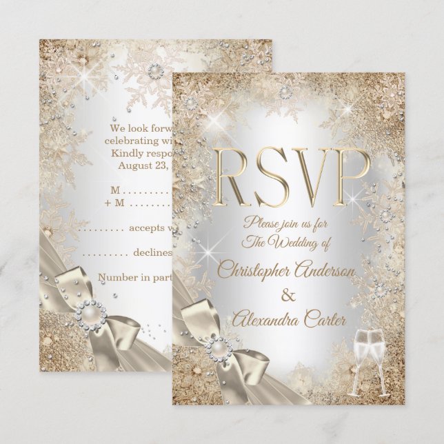 Invitation RSVP Argent Crème Perle Arc-en-ciel Flocon de Neig (Devant / Derrière)