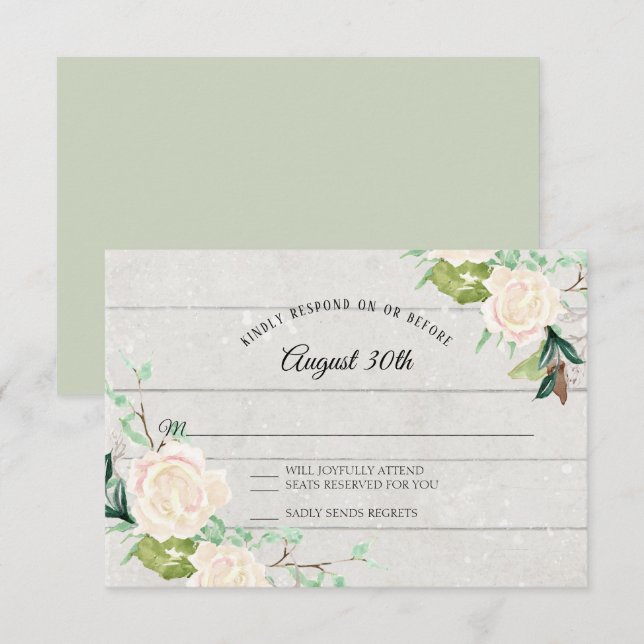 Invitation RSVP Art Floral Aquarelle Bois Rustique Rose Ivoir (Devant / Derrière)