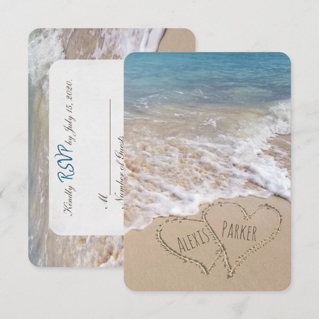 Invitation RSVP Beach Mariage avec les coeurs (Devant / Derrière)