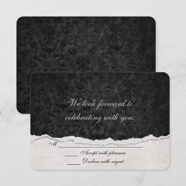 Invitation RSVP Black Damask avec bordure à bord déchiré (Devant / Derrière)