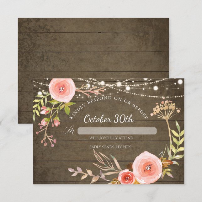 Invitation RSVP Bois rustique Élégant Peint Botanique Floral (Devant / Derrière)