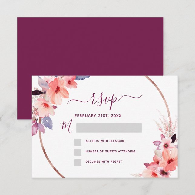 Invitation RSVP Bourgogne Fleur Rose Or Géométrique Mariage (Devant / Derrière)