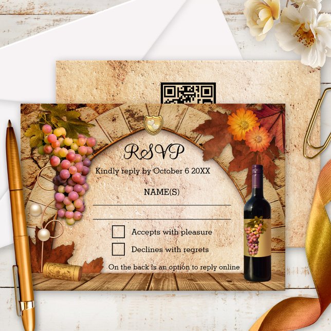 Invitation RSVP classique de vignoble ou de cave v (Classic vineyard RSVP card with a painting of a wine cellar with grapes, fall leaves and flowers)