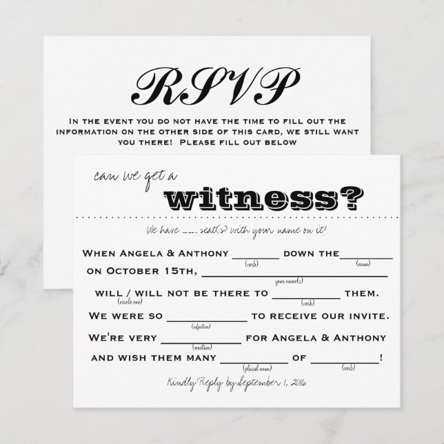 Invitation RSVP de mariage (à remplir) (Devant / Derrière)