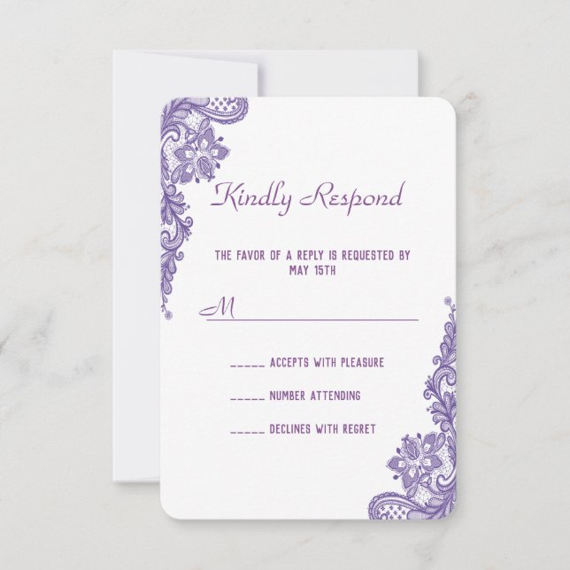 Invitation RSVP de mariage de dentelle ultra viole (Devant)