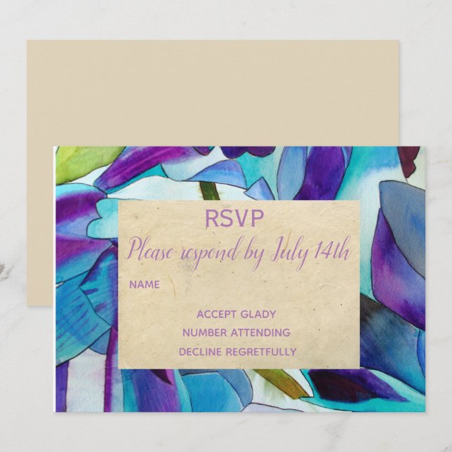 Invitation RSVP de mariage Orchidées violettes et bleues, art (Devant / Derrière)