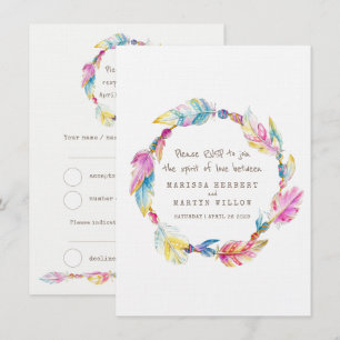 Invitation RSVP de mariage plumes de boho couronne tribale na