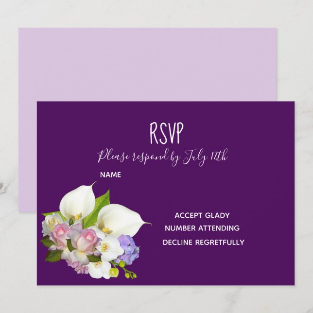 Invitation RSVP de mariage thème floral pastel et violet (Devant / Derrière)
