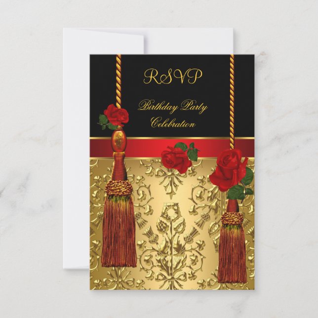 Invitation RSVP Elegant Damask Black Red Gold fête d'annivers (Devant)