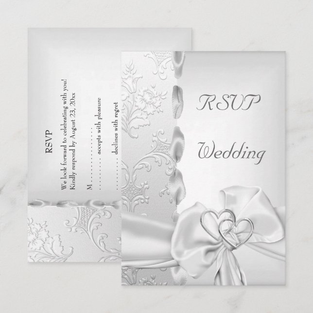 Invitation Rsvp Élégant Mariage Floral Ruban Argent Blanc Cœu (Devant / Derrière)