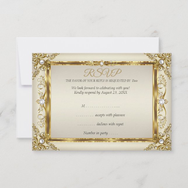Invitation RSVP Elégant Or Crème Perle Damassé Anniversaire (Devant)