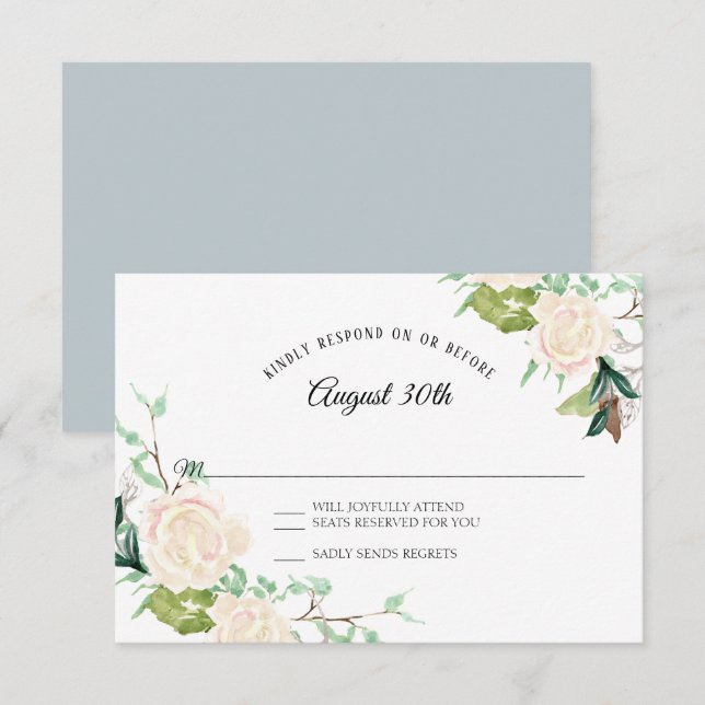 Invitation RSVP Élégant Papier Aquarelle Fleurie Rose Ivoire  (Devant / Derrière)