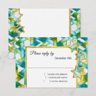 Invitation RSVP Étoile d'Or Bleu Vert Damassé