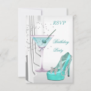 Invitation RSVP fête d'anniversaire Blanc Turquoise Martini P